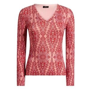 Etro‎ Silk Paisley Rib V-Neck Sweater Size 0 Viscose Fitted Pink Red Boho Italy